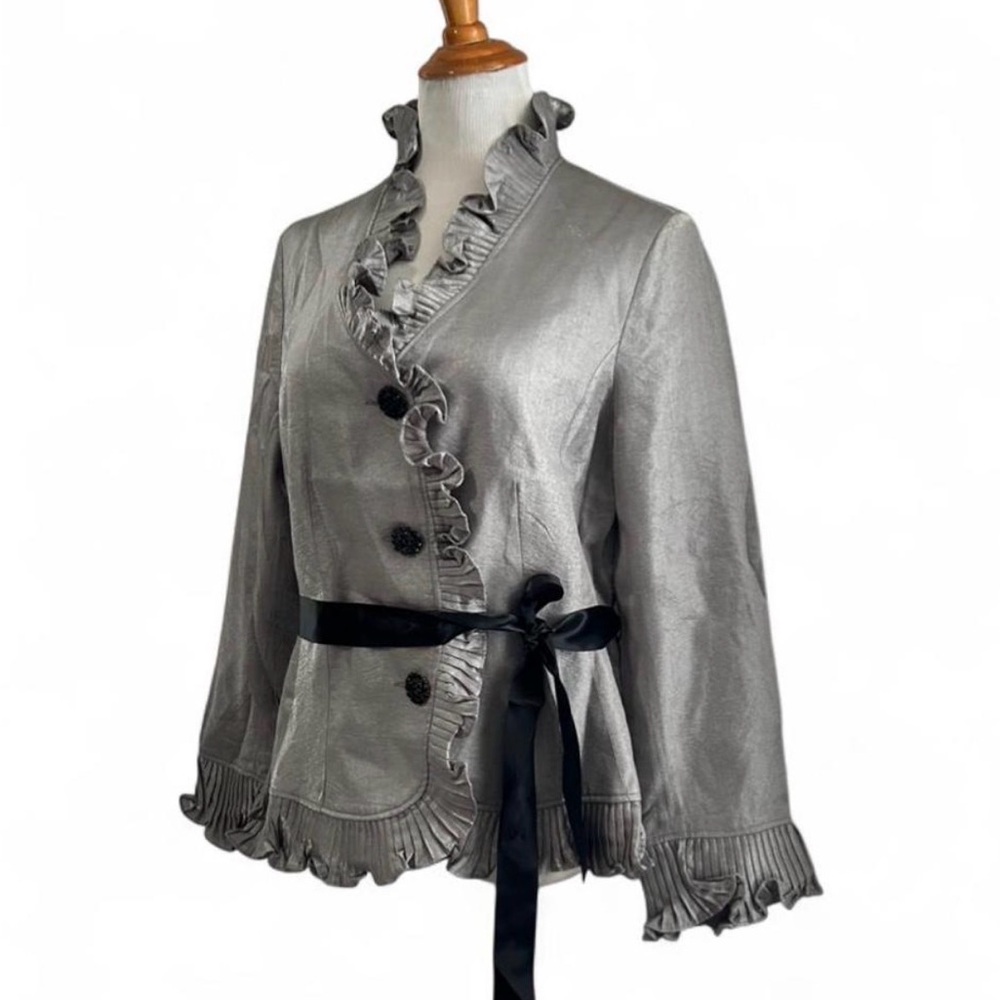 Chic Silver Women's Blazer with Ruffle Trim - Picture 2 of 6
